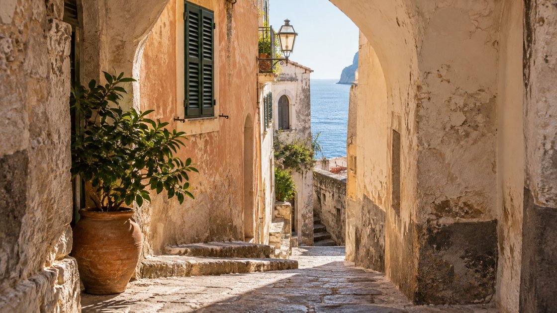 Фотографическая иллюстрация солнечной улочки с каменной аркой.