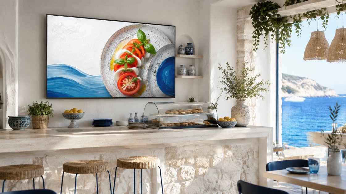 A digital display with food imagery in a bright café interior.