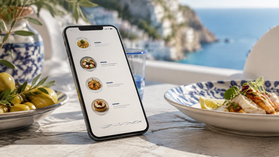 A phone displaying an illustrative digital menu on a restaurant table.